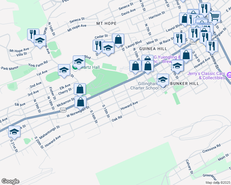 map of restaurants, bars, coffee shops, grocery stores, and more near 1342 West Norwegian Street in Pottsville