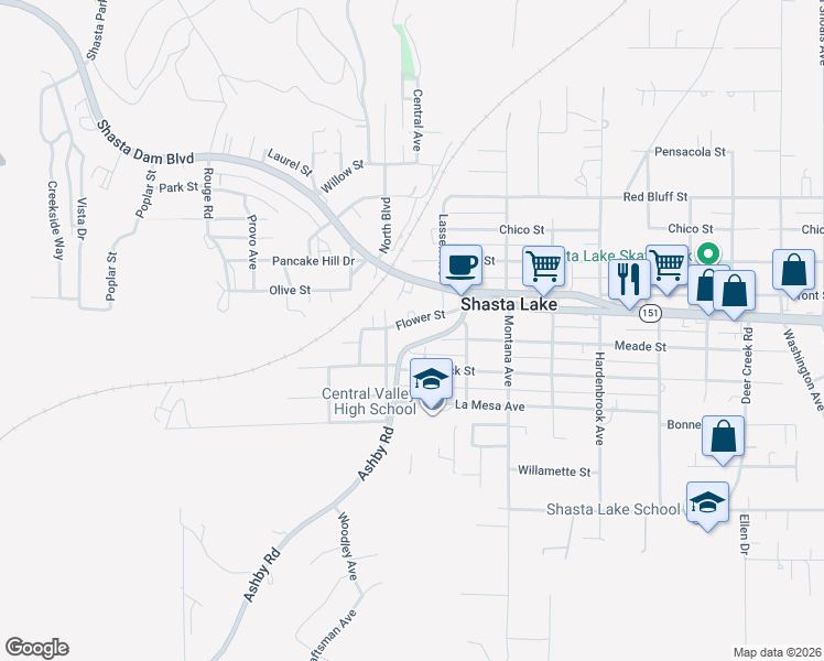 map of restaurants, bars, coffee shops, grocery stores, and more near 4036 Flower Street in Shasta Lake