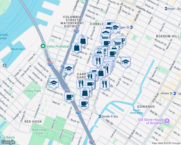 map of restaurants, bars, coffee shops, grocery stores, and more near 77 2nd Place in Brooklyn