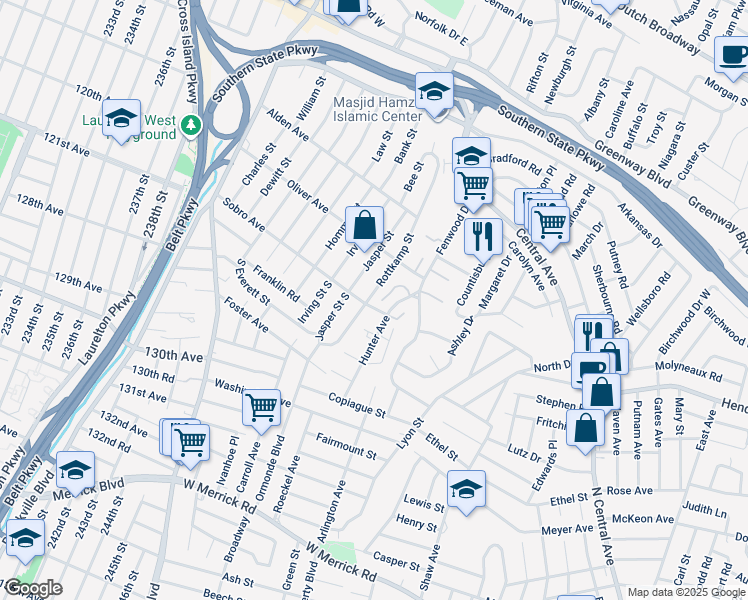 map of restaurants, bars, coffee shops, grocery stores, and more near 1079 Rottkamp Street in Valley Stream