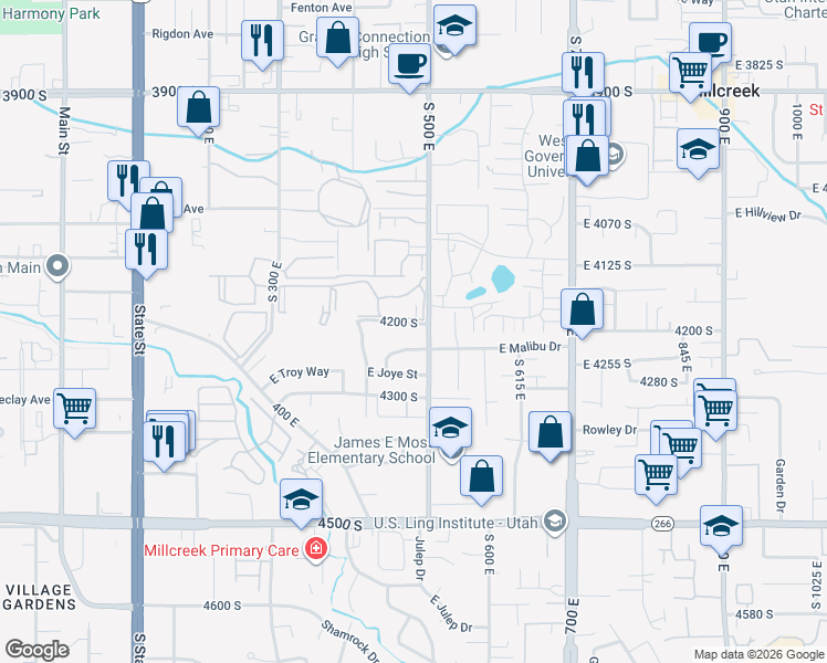 map of restaurants, bars, coffee shops, grocery stores, and more near 480 East 4200 South in Millcreek