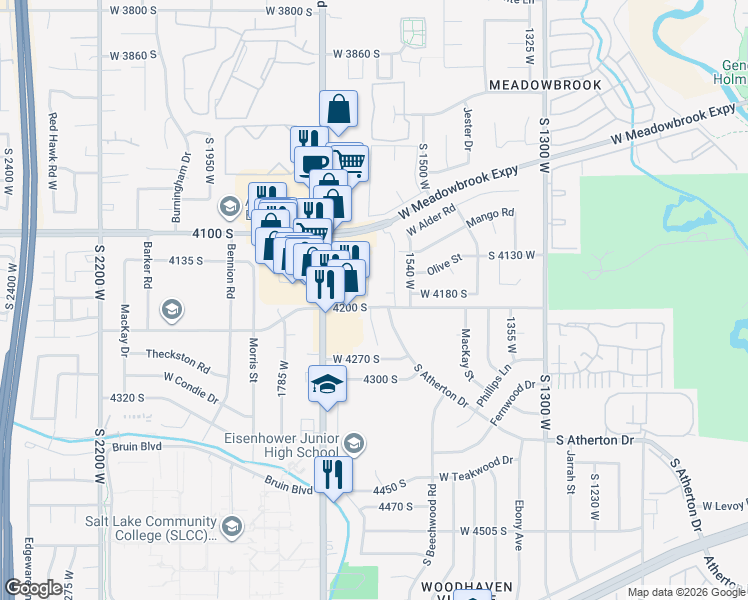 map of restaurants, bars, coffee shops, grocery stores, and more near 4196 South Oak Meadows Drive in Taylorsville