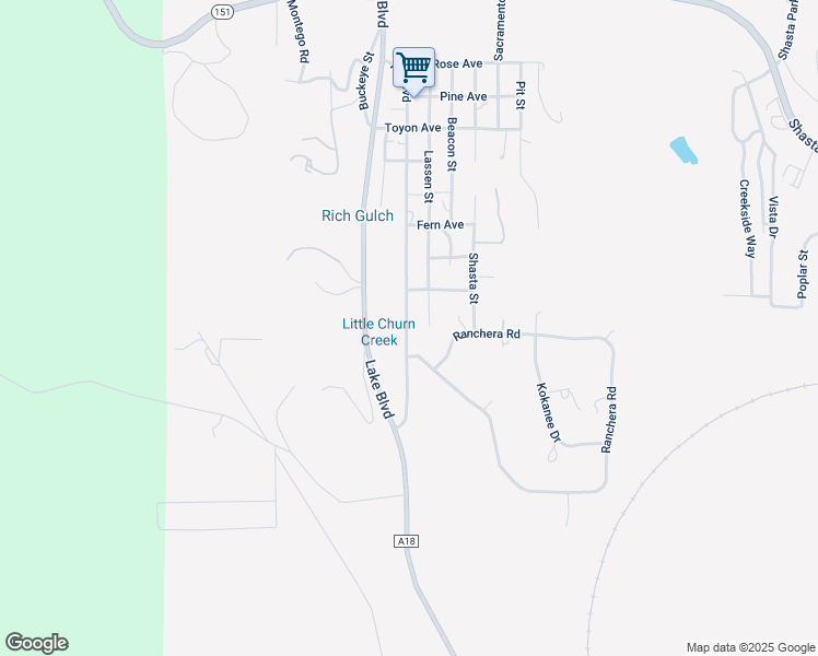 map of restaurants, bars, coffee shops, grocery stores, and more near 13487-13533 Hill Blvd in Shasta Lake