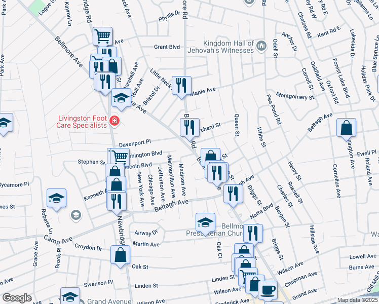 map of restaurants, bars, coffee shops, grocery stores, and more near 2 Floral Place in North Bellmore