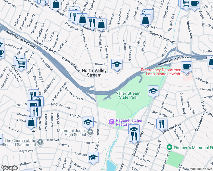 map of restaurants, bars, coffee shops, grocery stores, and more near 1067 Martin Place in Valley Stream