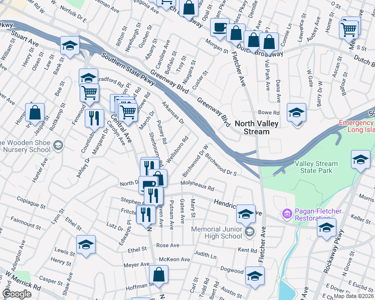 map of restaurants, bars, coffee shops, grocery stores, and more near 40 Wellsboro Road in Valley Stream