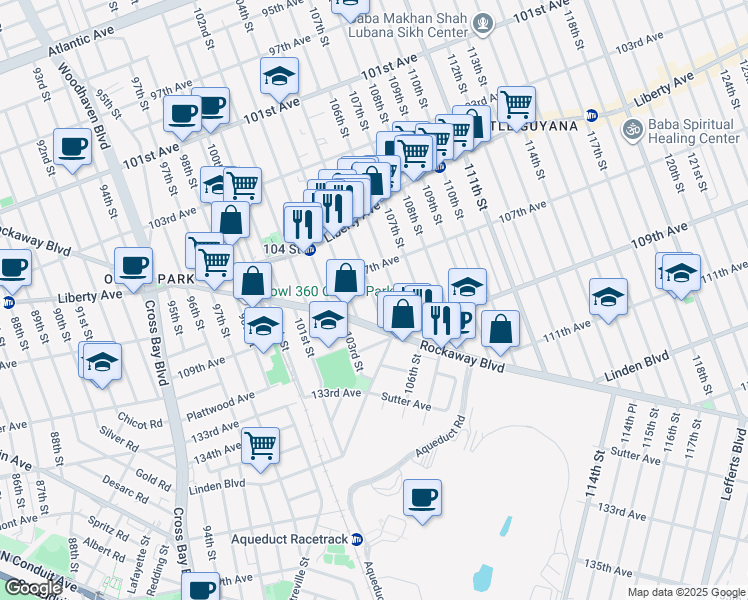 map of restaurants, bars, coffee shops, grocery stores, and more near 107-37 105th Street in Queens