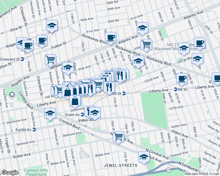map of restaurants, bars, coffee shops, grocery stores, and more near 75-19 101st Avenue in Queens