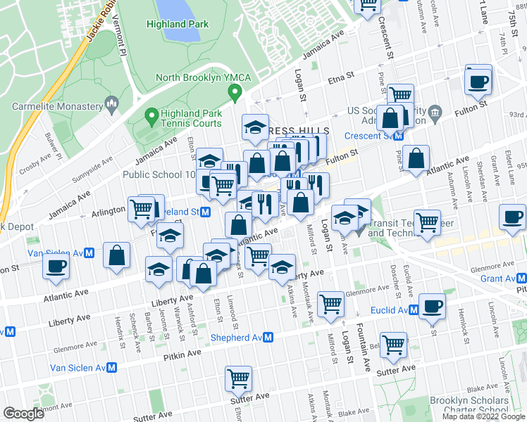 map of restaurants, bars, coffee shops, grocery stores, and more near 212 Highland Place in Brooklyn