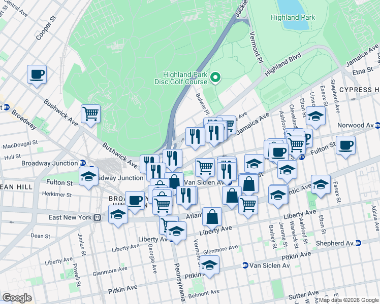 map of restaurants, bars, coffee shops, grocery stores, and more near 171 Jamaica Avenue in Brooklyn