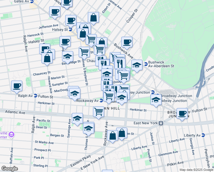 map of restaurants, bars, coffee shops, grocery stores, and more near 87 Rockaway Avenue in Brooklyn