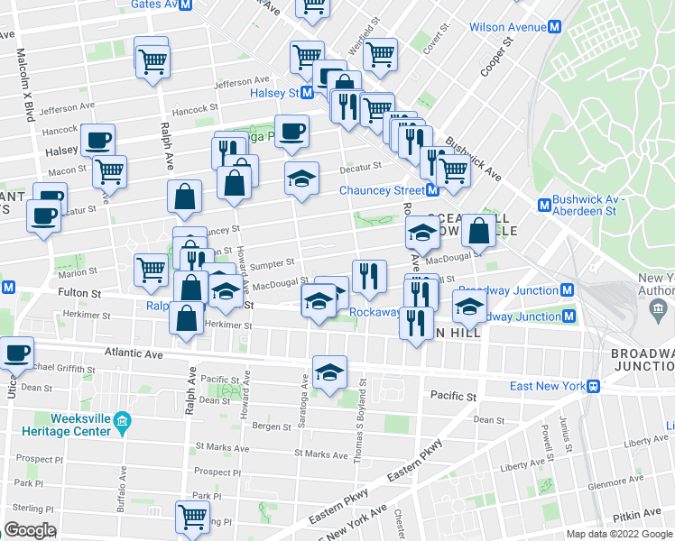 map of restaurants, bars, coffee shops, grocery stores, and more near 151 Macdougal Street in Brooklyn