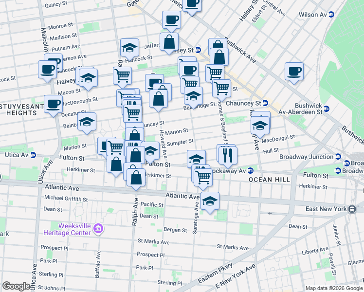 map of restaurants, bars, coffee shops, grocery stores, and more near 160 Sumpter Street in Brooklyn