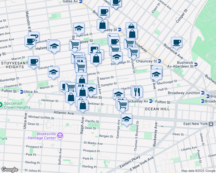 map of restaurants, bars, coffee shops, grocery stores, and more near 160 Sumpter Street in Brooklyn