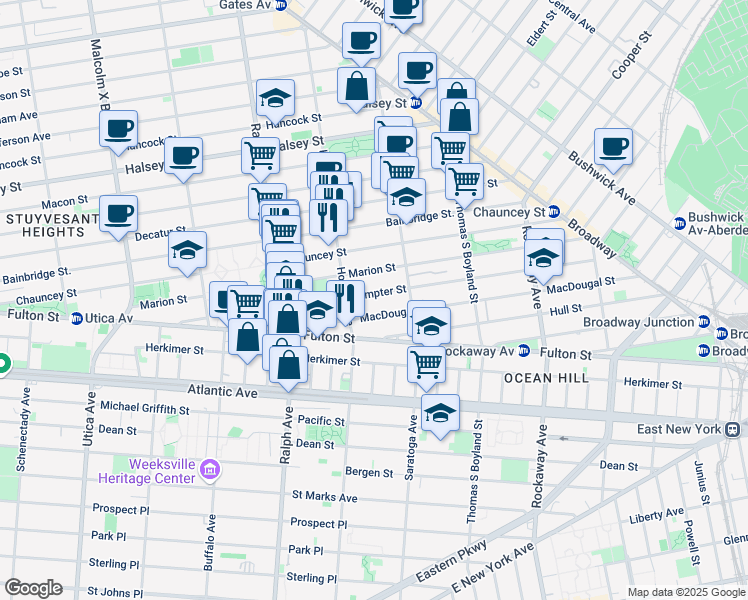 map of restaurants, bars, coffee shops, grocery stores, and more near 160 Sumpter Street in Brooklyn