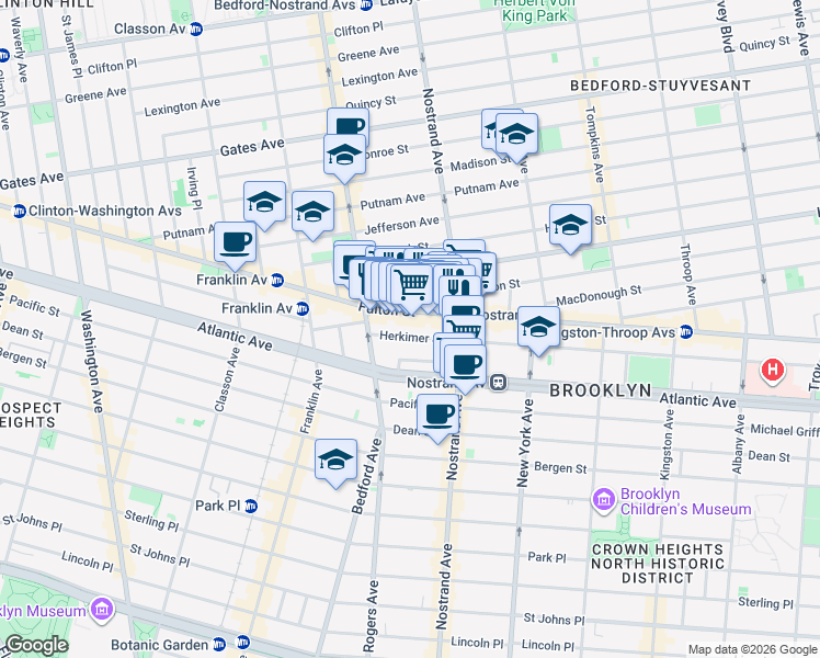 map of restaurants, bars, coffee shops, grocery stores, and more near 53 Herkimer Street in Brooklyn