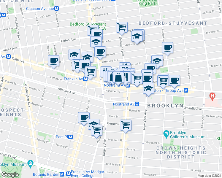 map of restaurants, bars, coffee shops, grocery stores, and more near 53 Herkimer Street in Brooklyn
