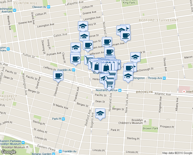 map of restaurants, bars, coffee shops, grocery stores, and more near 53 Herkimer Street in Brooklyn