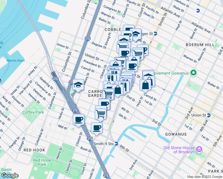 map of restaurants, bars, coffee shops, grocery stores, and more near 398 Court Street in Brooklyn