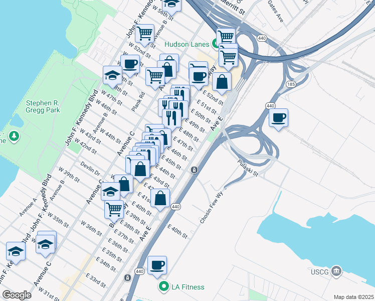 map of restaurants, bars, coffee shops, grocery stores, and more near 27 East 46th Street in Bayonne