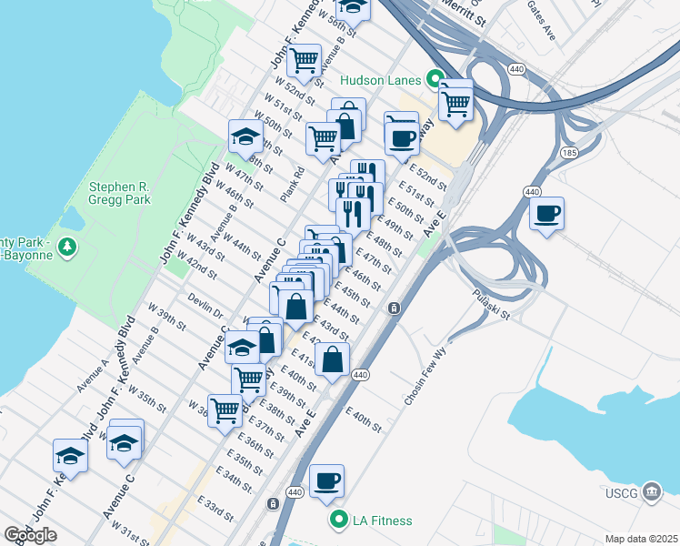 map of restaurants, bars, coffee shops, grocery stores, and more near 950 Broadway in Bayonne