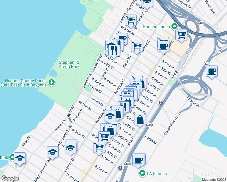 map of restaurants, bars, coffee shops, grocery stores, and more near 74-76 East 43rd Street in Bayonne