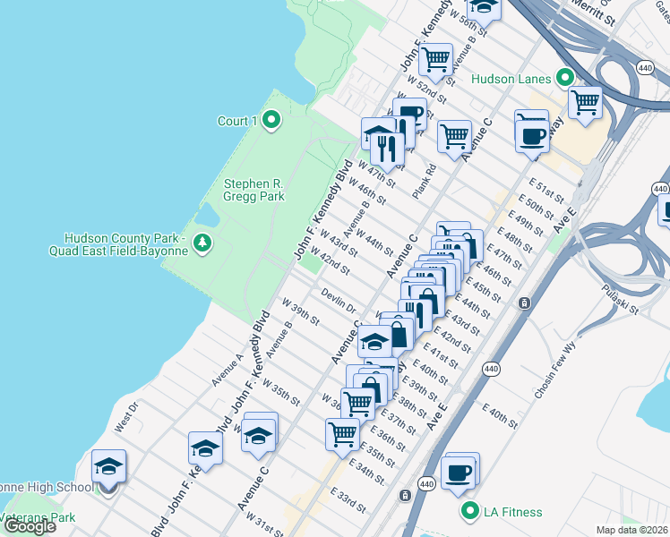 map of restaurants, bars, coffee shops, grocery stores, and more near 102 West 42nd Street in Bayonne