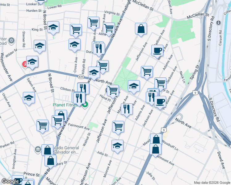 map of restaurants, bars, coffee shops, grocery stores, and more near 748 Jefferson Avenue in Elizabeth