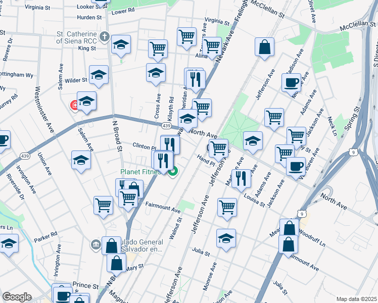 map of restaurants, bars, coffee shops, grocery stores, and more near 706 Pennsylvania Avenue in Elizabeth