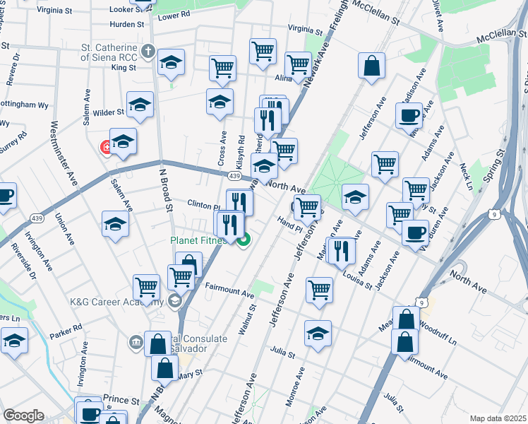map of restaurants, bars, coffee shops, grocery stores, and more near 706 Pennsylvania Avenue in Elizabeth