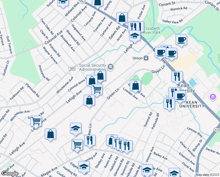map of restaurants, bars, coffee shops, grocery stores, and more near 28 Station Square in Union