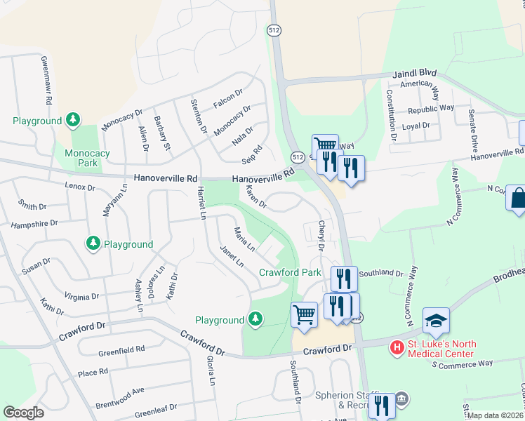 map of restaurants, bars, coffee shops, grocery stores, and more near 5549 Karen Drive in Bethlehem