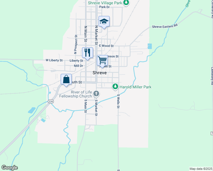 map of restaurants, bars, coffee shops, grocery stores, and more near 205 East South Street in Shreve