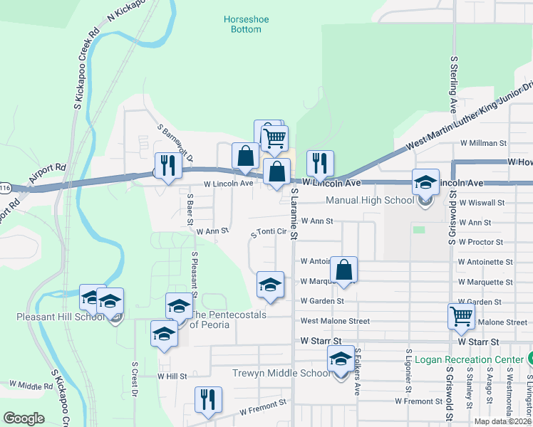 map of restaurants, bars, coffee shops, grocery stores, and more near 3211 West Ann Street in Peoria
