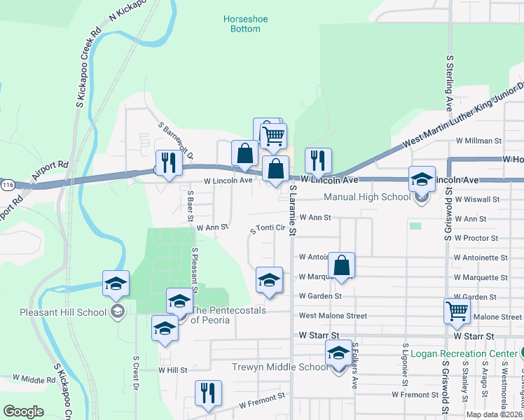 map of restaurants, bars, coffee shops, grocery stores, and more near 3211 West Ann Street in Peoria
