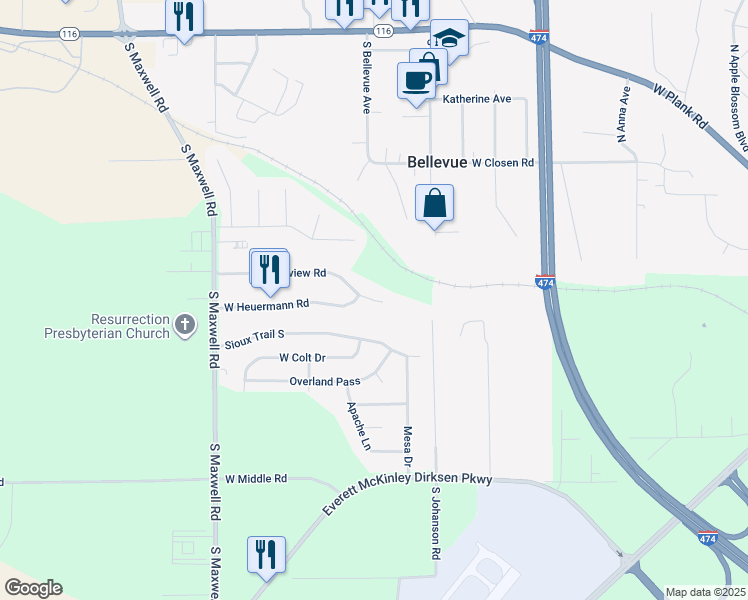 map of restaurants, bars, coffee shops, grocery stores, and more near 5704 West Heuermann Road in Peoria