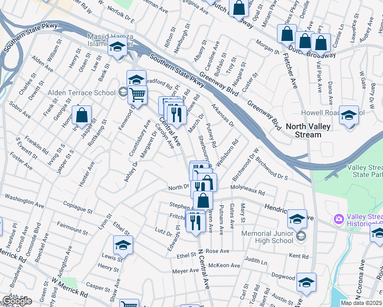map of restaurants, bars, coffee shops, grocery stores, and more near 1629 Salem Road in Valley Stream