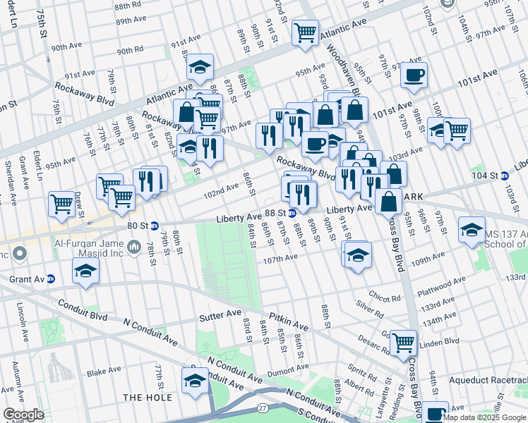 map of restaurants, bars, coffee shops, grocery stores, and more near 8602 103rd Avenue in Queens