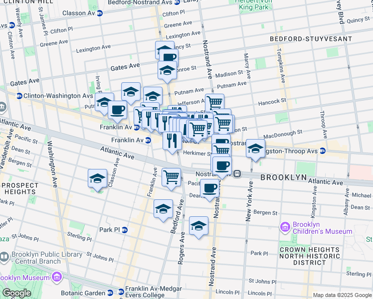map of restaurants, bars, coffee shops, grocery stores, and more near 19 Herkimer Street in Brooklyn