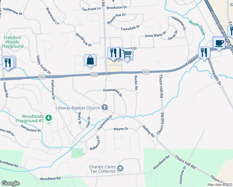 map of restaurants, bars, coffee shops, grocery stores, and more near 220 Greenwood Drive in Cranberry Township