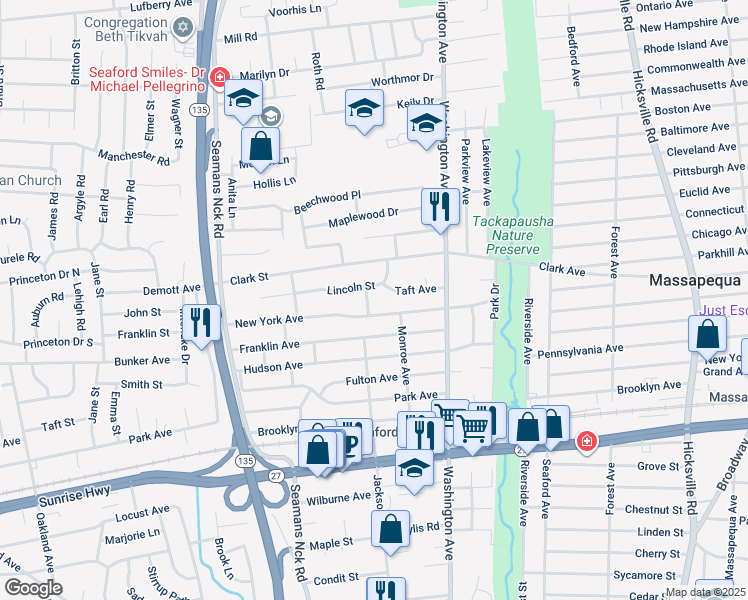map of restaurants, bars, coffee shops, grocery stores, and more near 1757 Jefferson Street in Seaford
