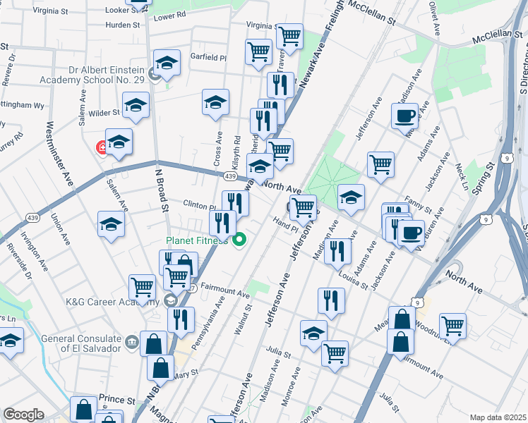 map of restaurants, bars, coffee shops, grocery stores, and more near 706 Pennsylvania Avenue in Elizabeth