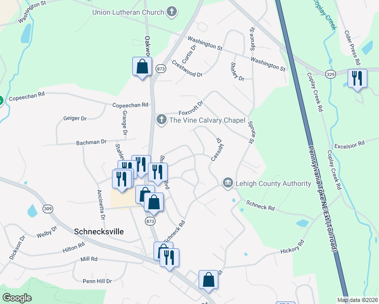 map of restaurants, bars, coffee shops, grocery stores, and more near 4213 Iroquois Street in Schnecksville