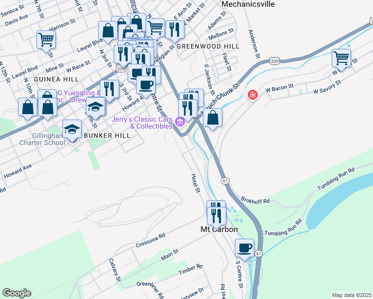 map of restaurants, bars, coffee shops, grocery stores, and more near 433 South Centre Street in Pottsville