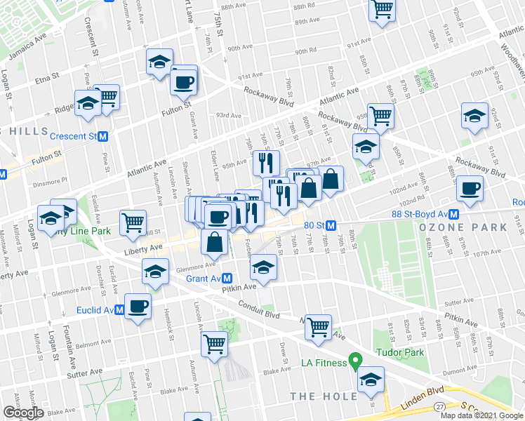 map of restaurants, bars, coffee shops, grocery stores, and more near 97-39 Drew Street in Queens