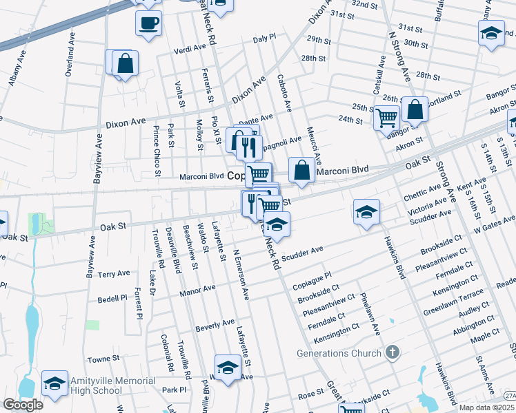 map of restaurants, bars, coffee shops, grocery stores, and more near 1707 Great Neck Road in Copiague