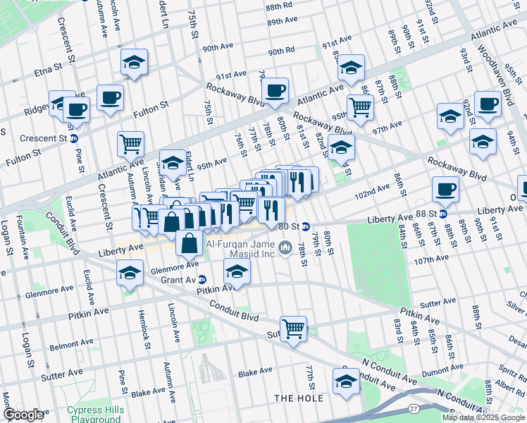 map of restaurants, bars, coffee shops, grocery stores, and more near 75-19 101st Avenue in Queens