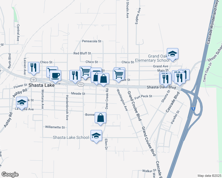 map of restaurants, bars, coffee shops, grocery stores, and more near 4750 Shasta Dam Boulevard in Shasta Lake