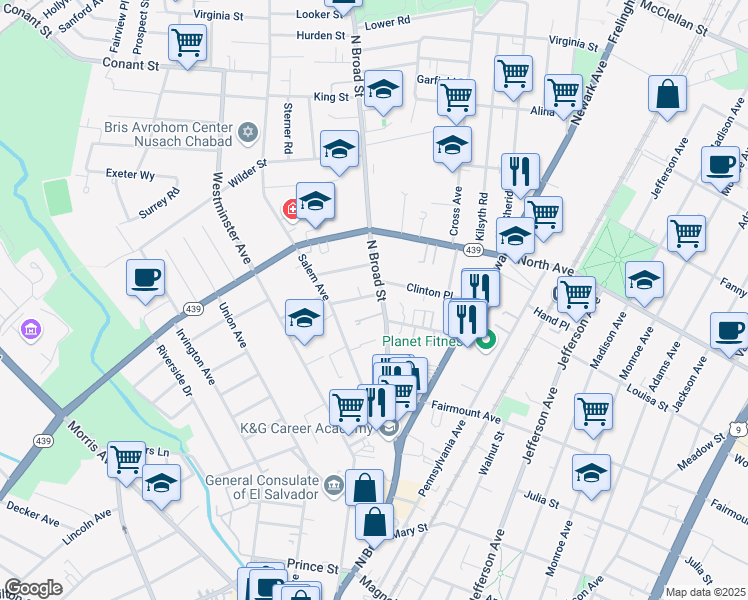 map of restaurants, bars, coffee shops, grocery stores, and more near 712 North Broad Street in Elizabeth