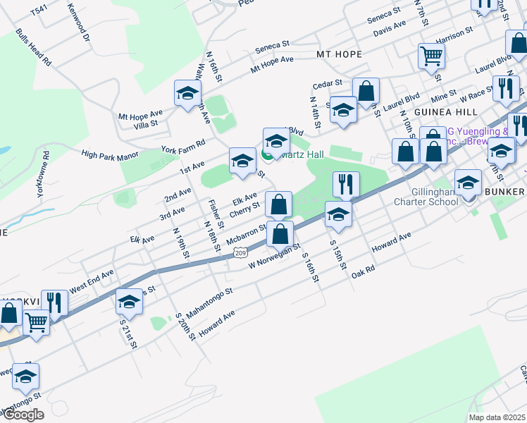 map of restaurants, bars, coffee shops, grocery stores, and more near 1630 West End Avenue in Pottsville